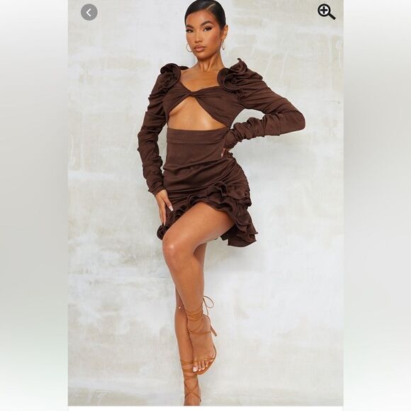 Prettylittlething chocolate frill shoulder twist bust ruched bodycon dress NWT - Picture 1 of 7